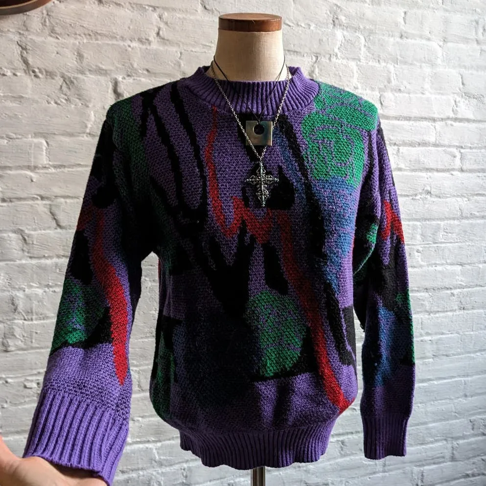 80s Vintage Purple Chunky Knit Grandpa Sweater Abstract Coogi Style Granny Top