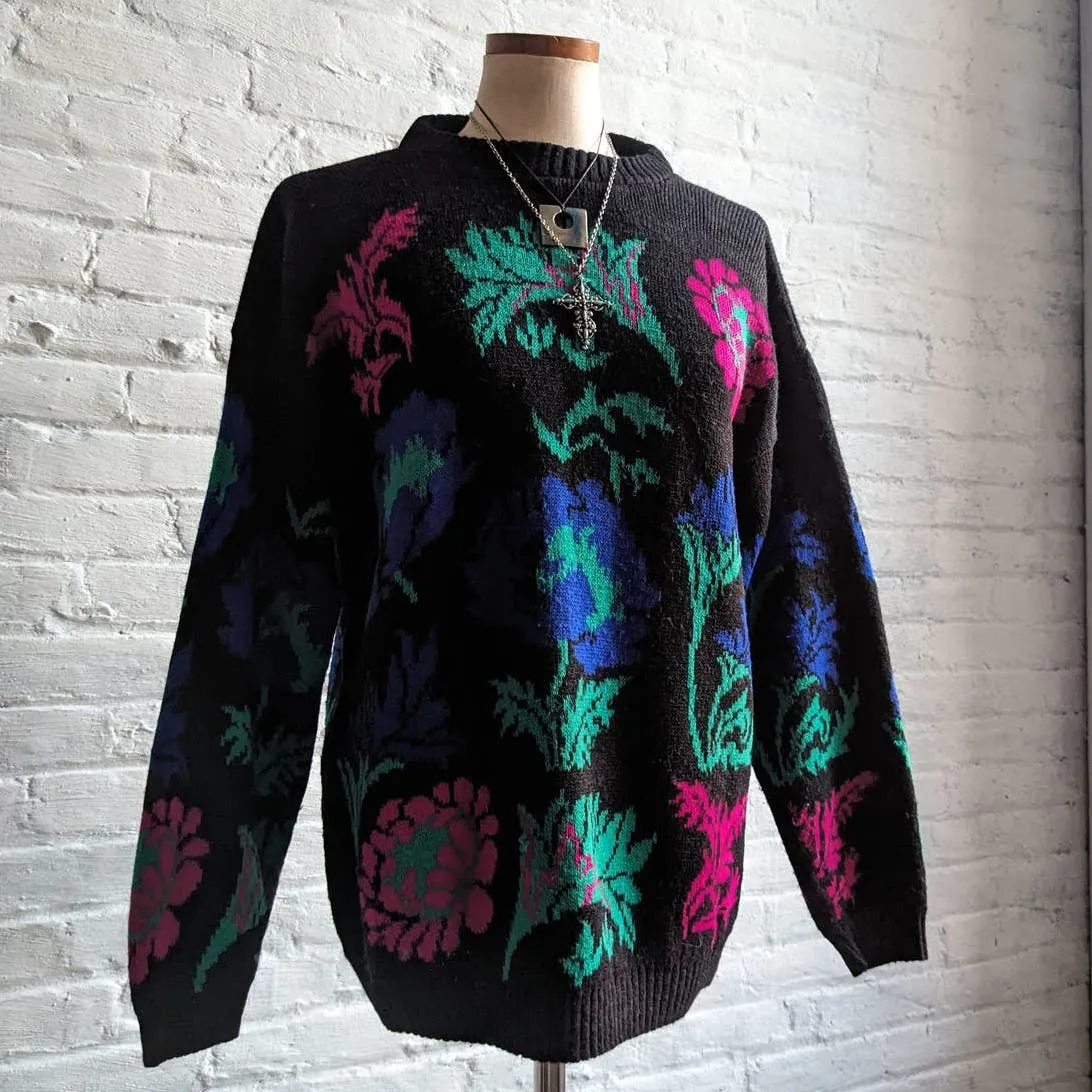 90s Vintage Chunky Knit Floral Grunge Granny Sweater Statement Earthy Trippy Top