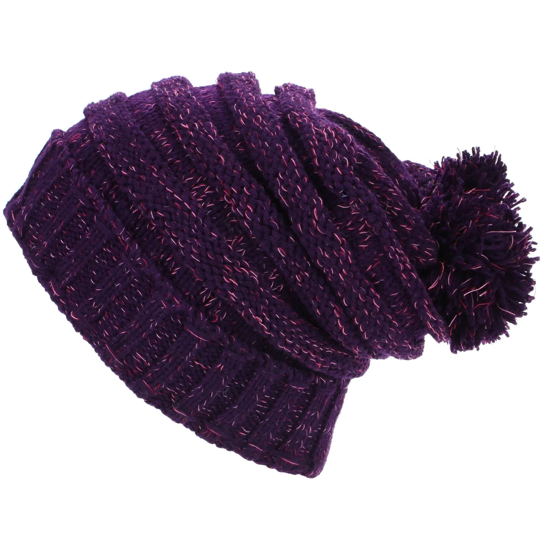 Acrylic Knit Baggy Beanie Bobble Hat - Purple