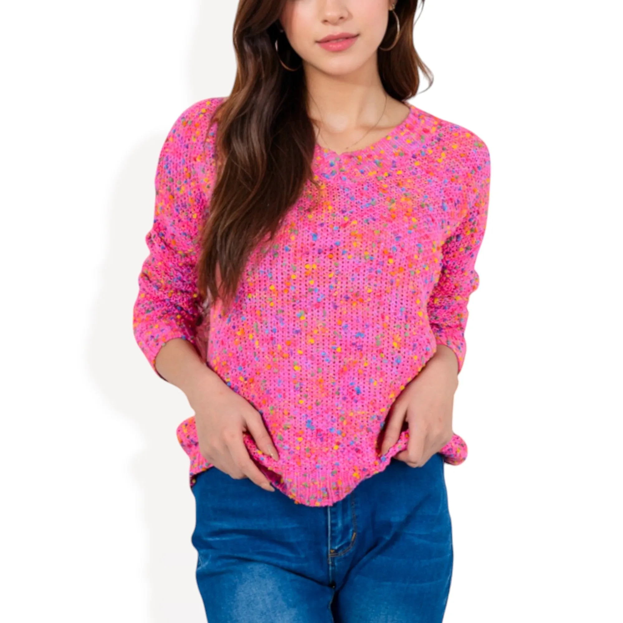 Anna-Kaci Women's Pink Confetti Knit Sweater with Crew Neck and Long Sleeves