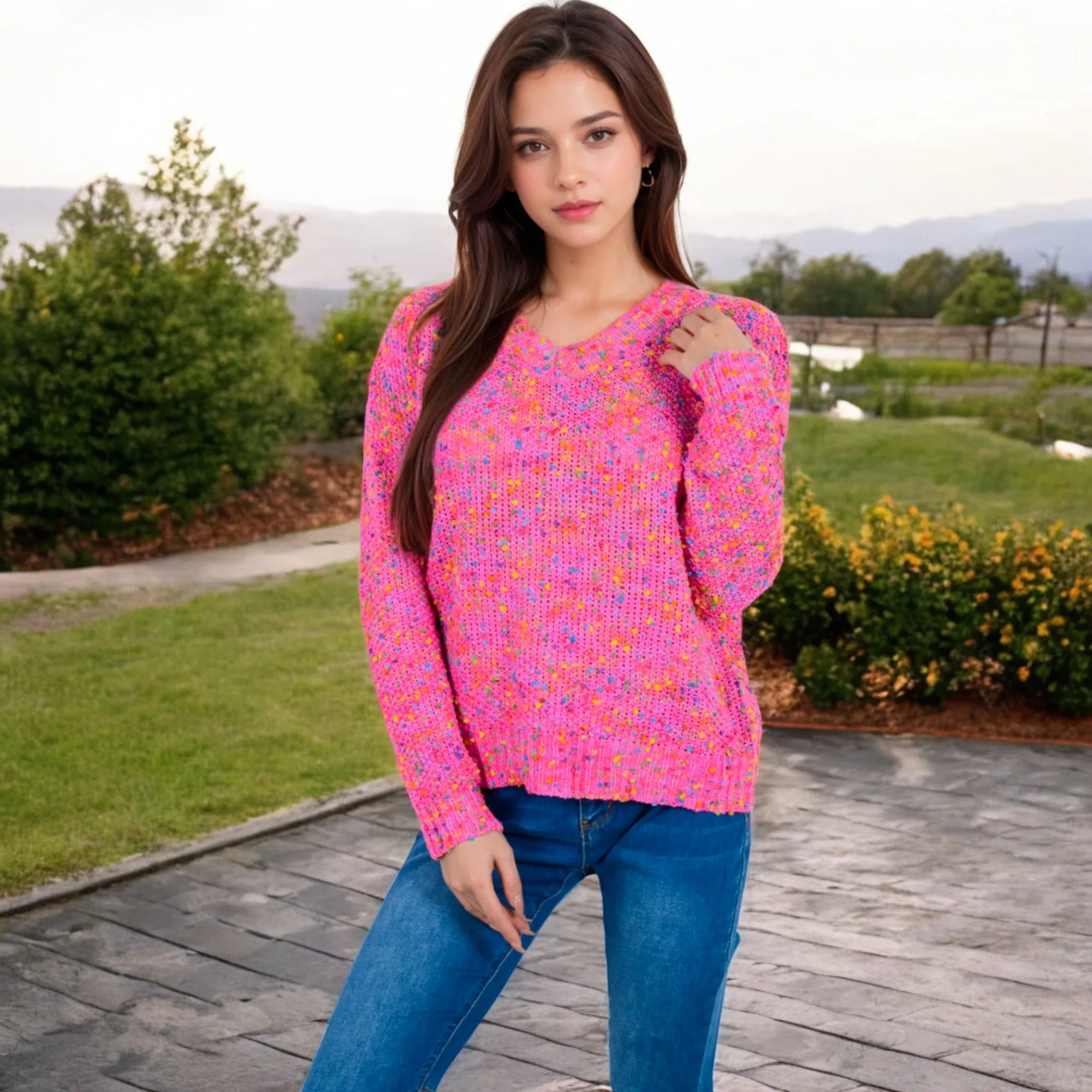 Anna-Kaci Women's Pink Confetti Knit Sweater with Crew Neck and Long Sleeves