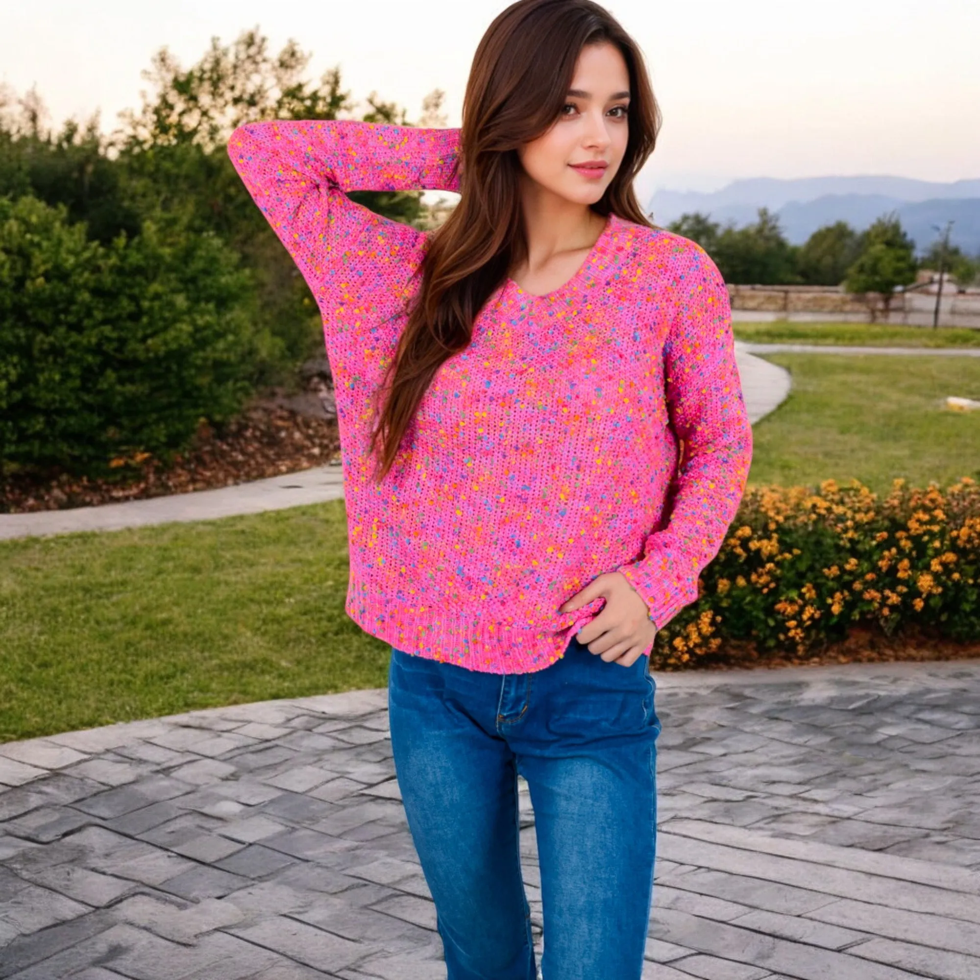 Anna-Kaci Women's Pink Confetti Knit Sweater with Crew Neck and Long Sleeves