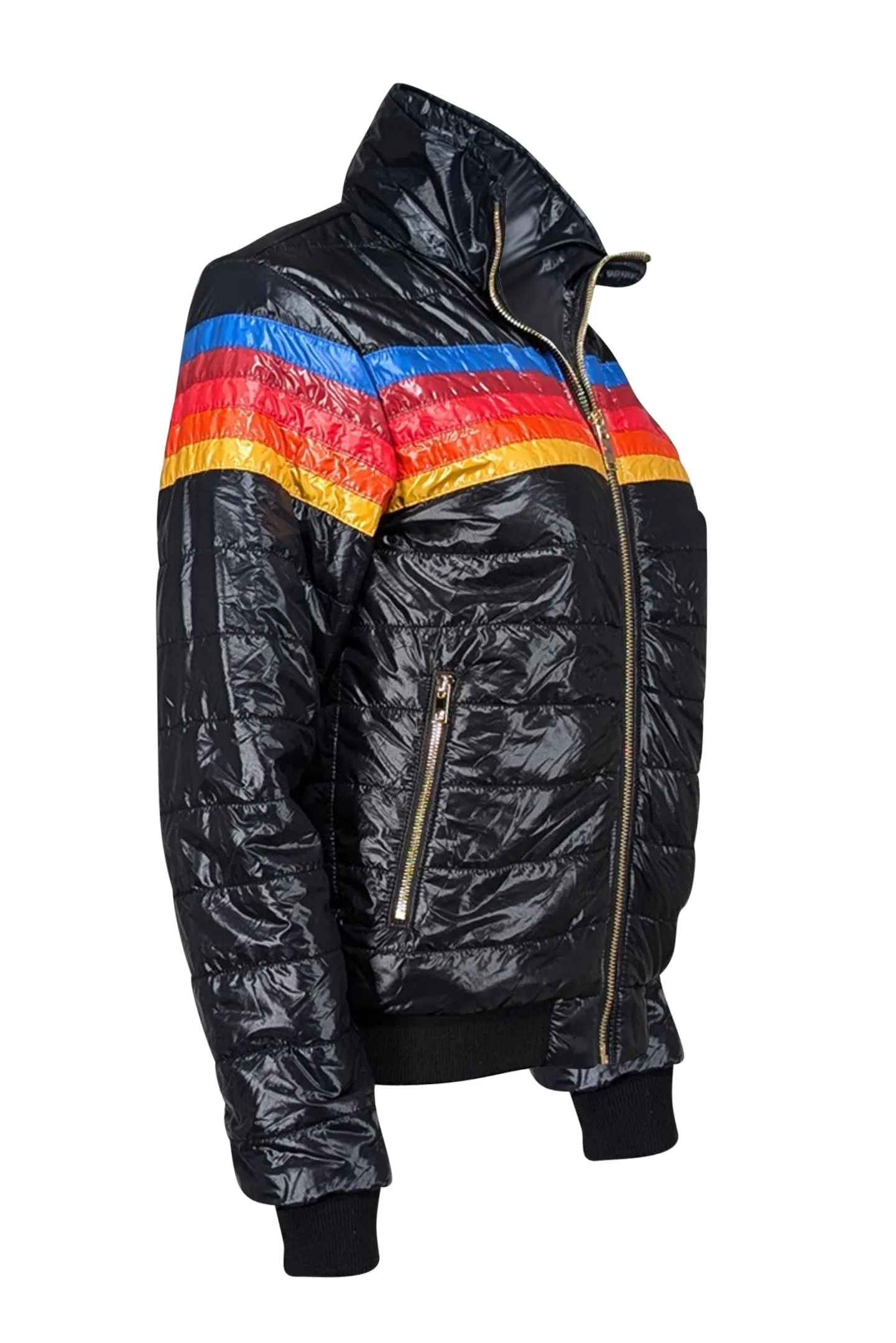 Aviator Nation - Black Light Puffer Coat w/ Signature Multi Color Stripe Detail Sz S