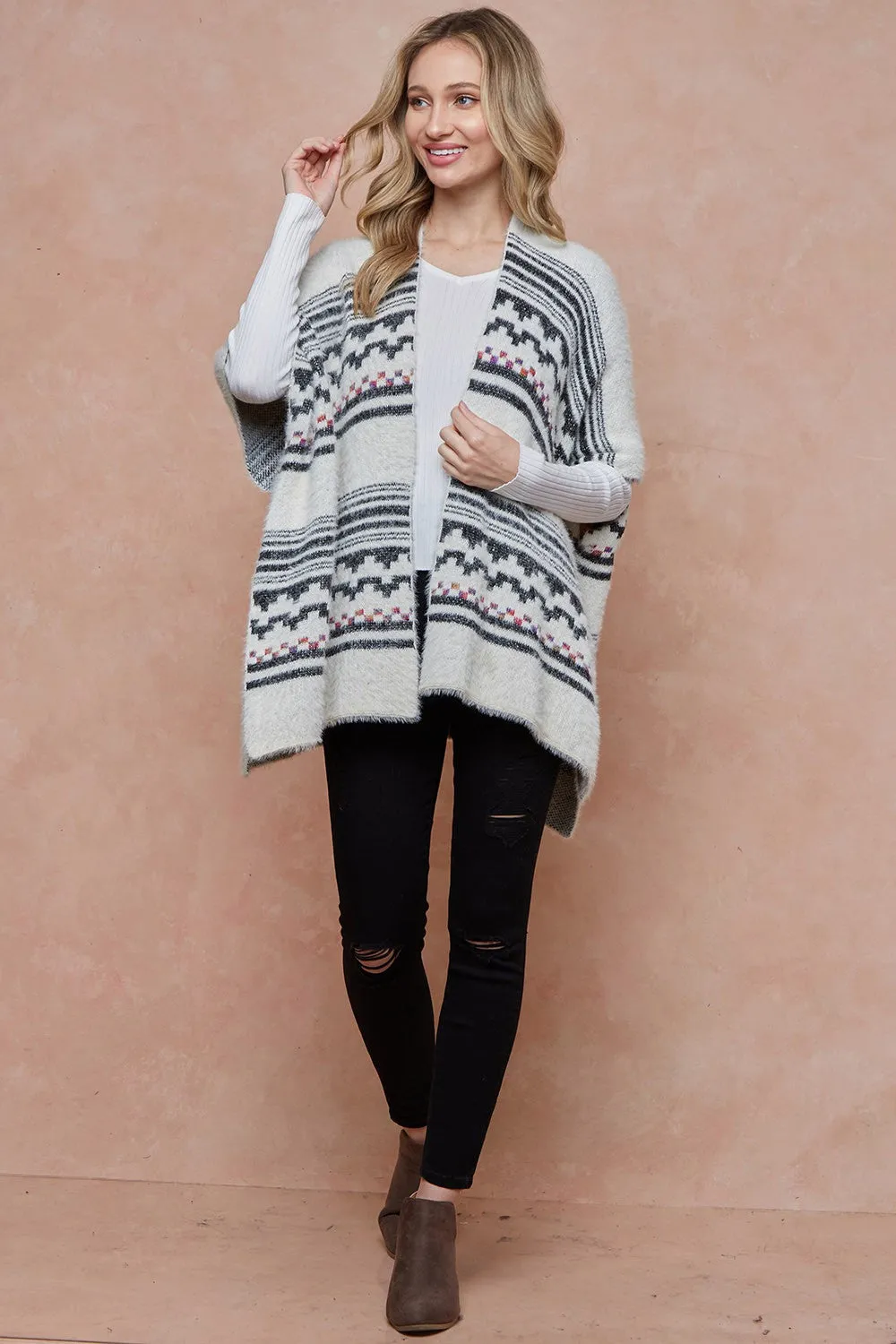 Aztec Pattern Open Front Open Kimono Style Eyelash Yarn Sweater Cardigan