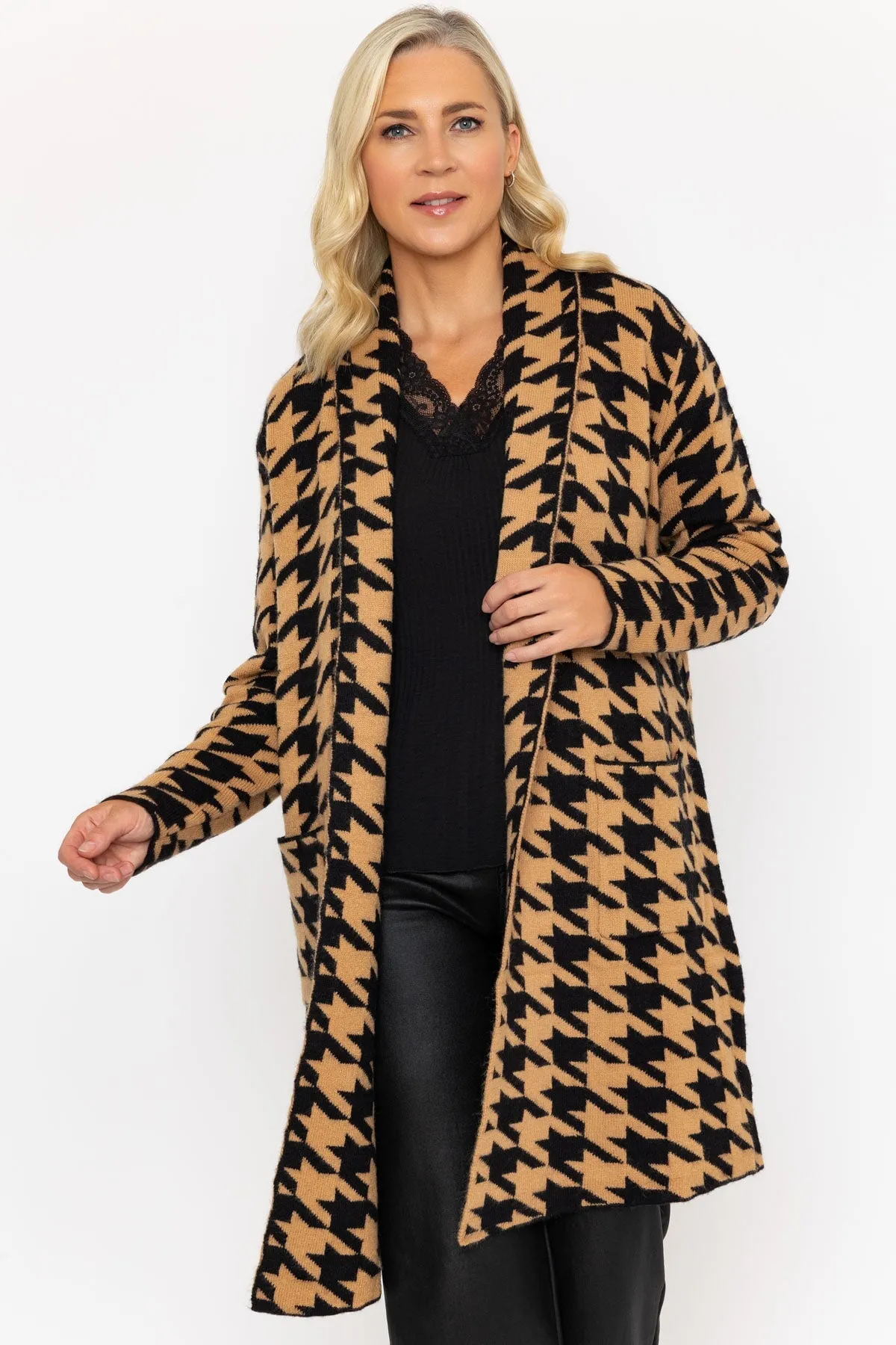 Black & Camel Houndstooth Cardigan