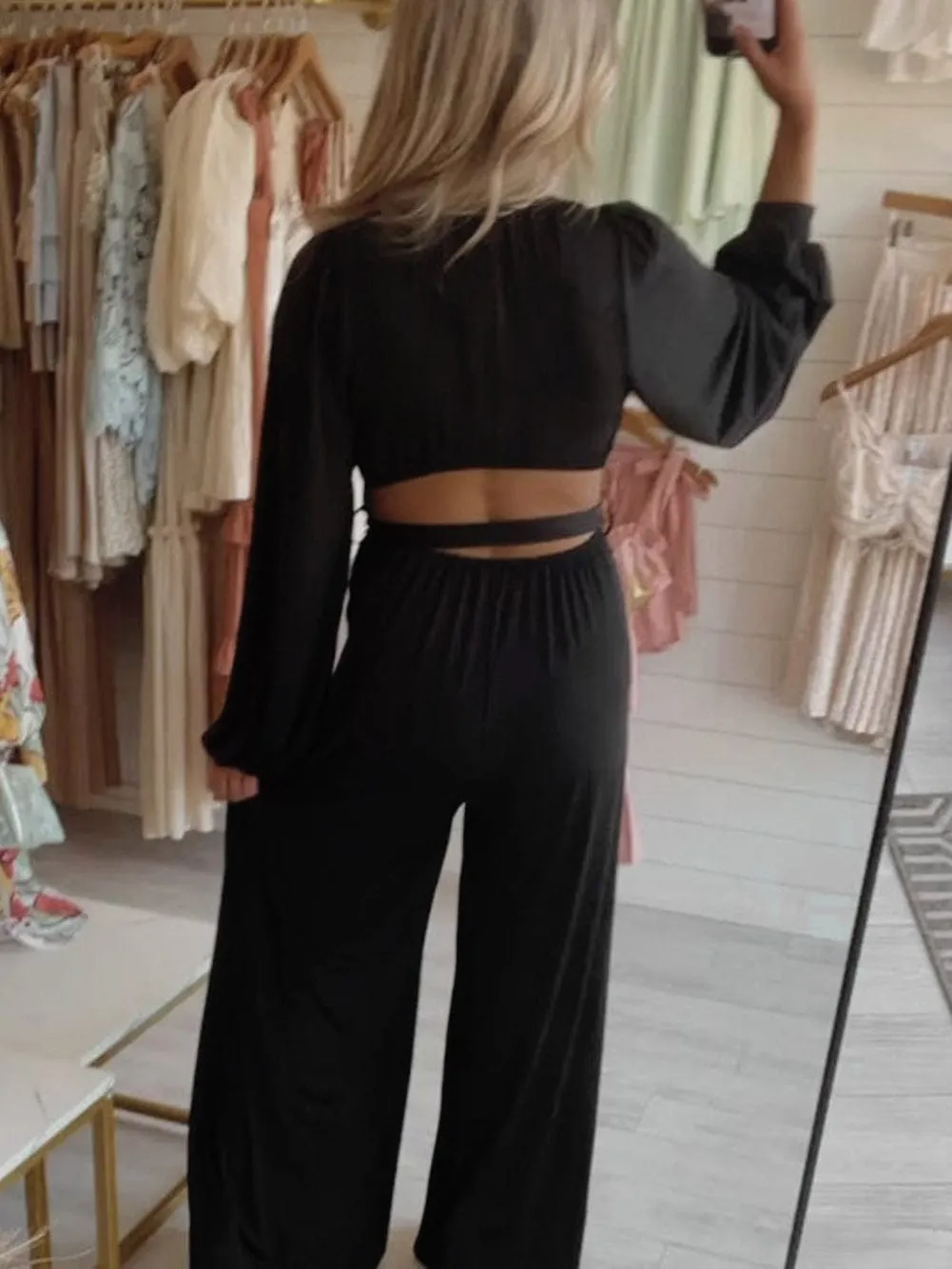 Black Belted Jumpsuit with Long Sleeves