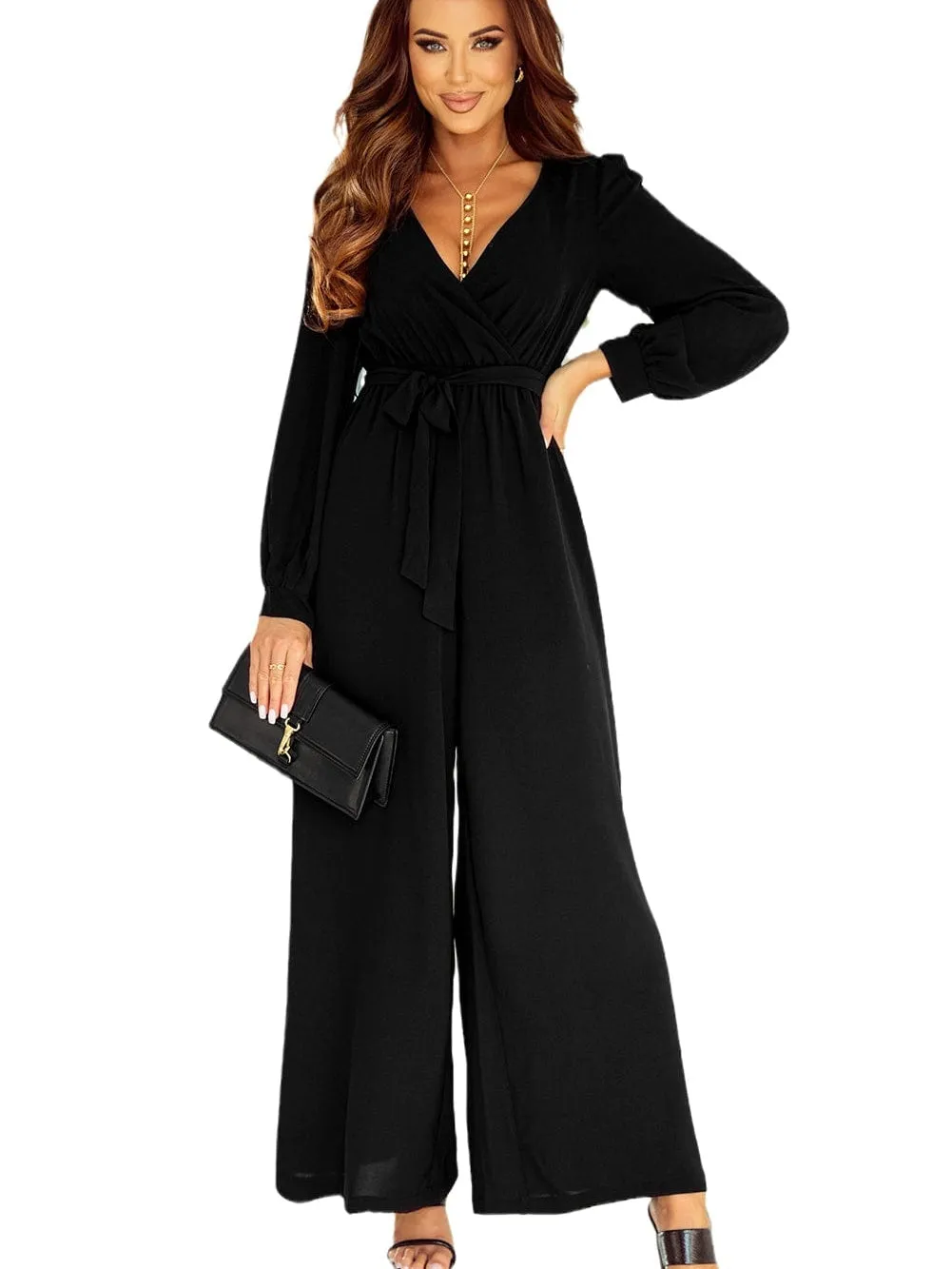 Black Belted Jumpsuit with Long Sleeves