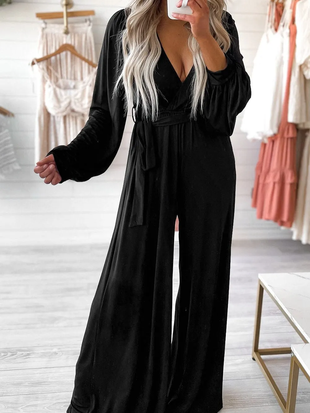 Black Belted Jumpsuit with Long Sleeves