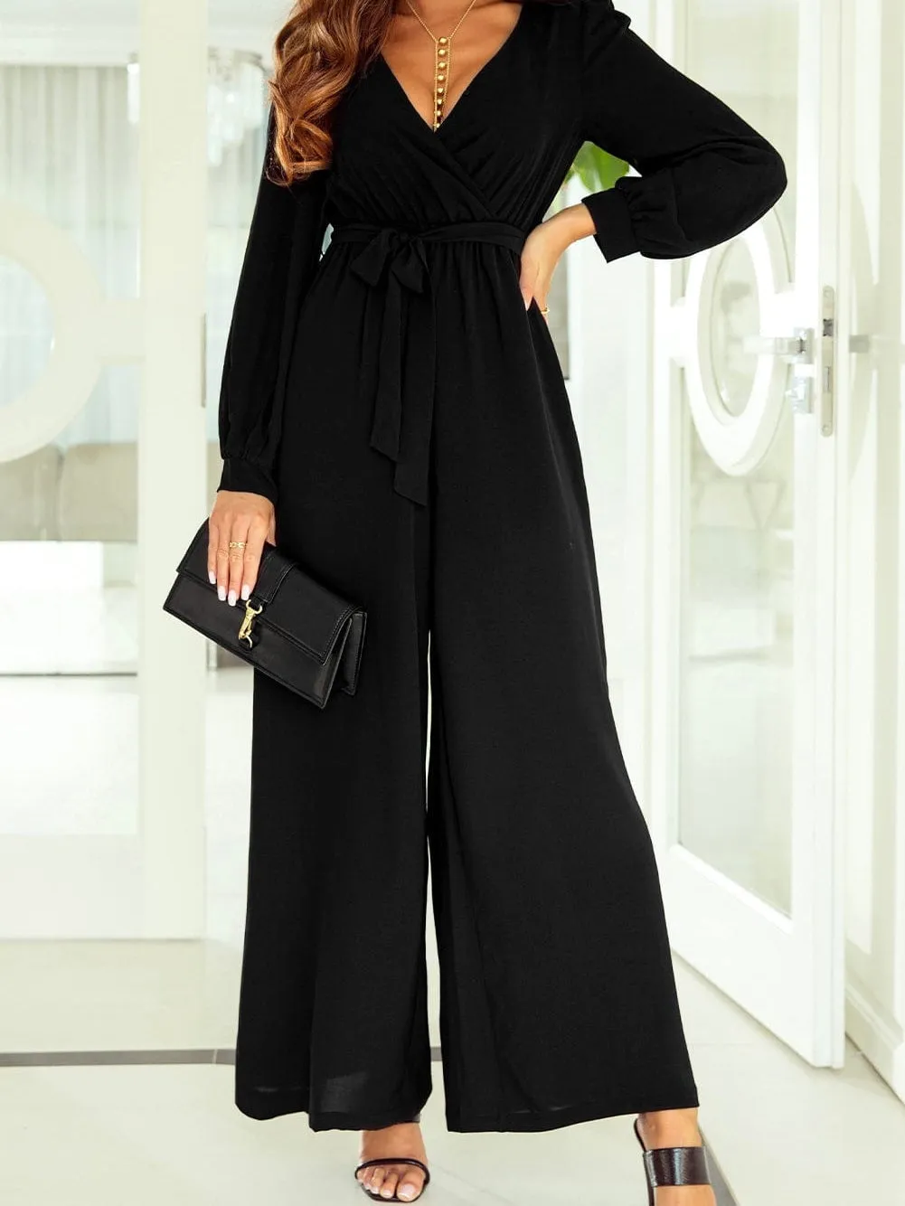 Black Belted Jumpsuit with Long Sleeves