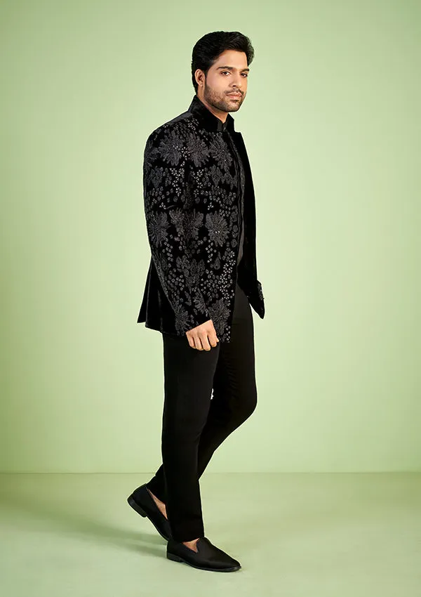 Black Velvet Jodhpuri Suit with cut moti & cut dana