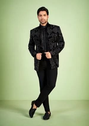 Black Velvet Jodhpuri Suit with cut moti & cut dana