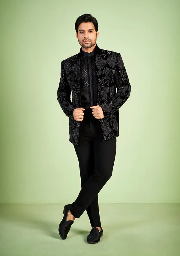 Black Velvet Jodhpuri Suit with cut moti & cut dana