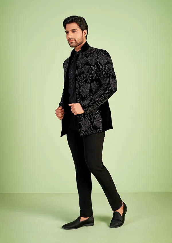 Black Velvet Jodhpuri Suit with cut moti & cut dana