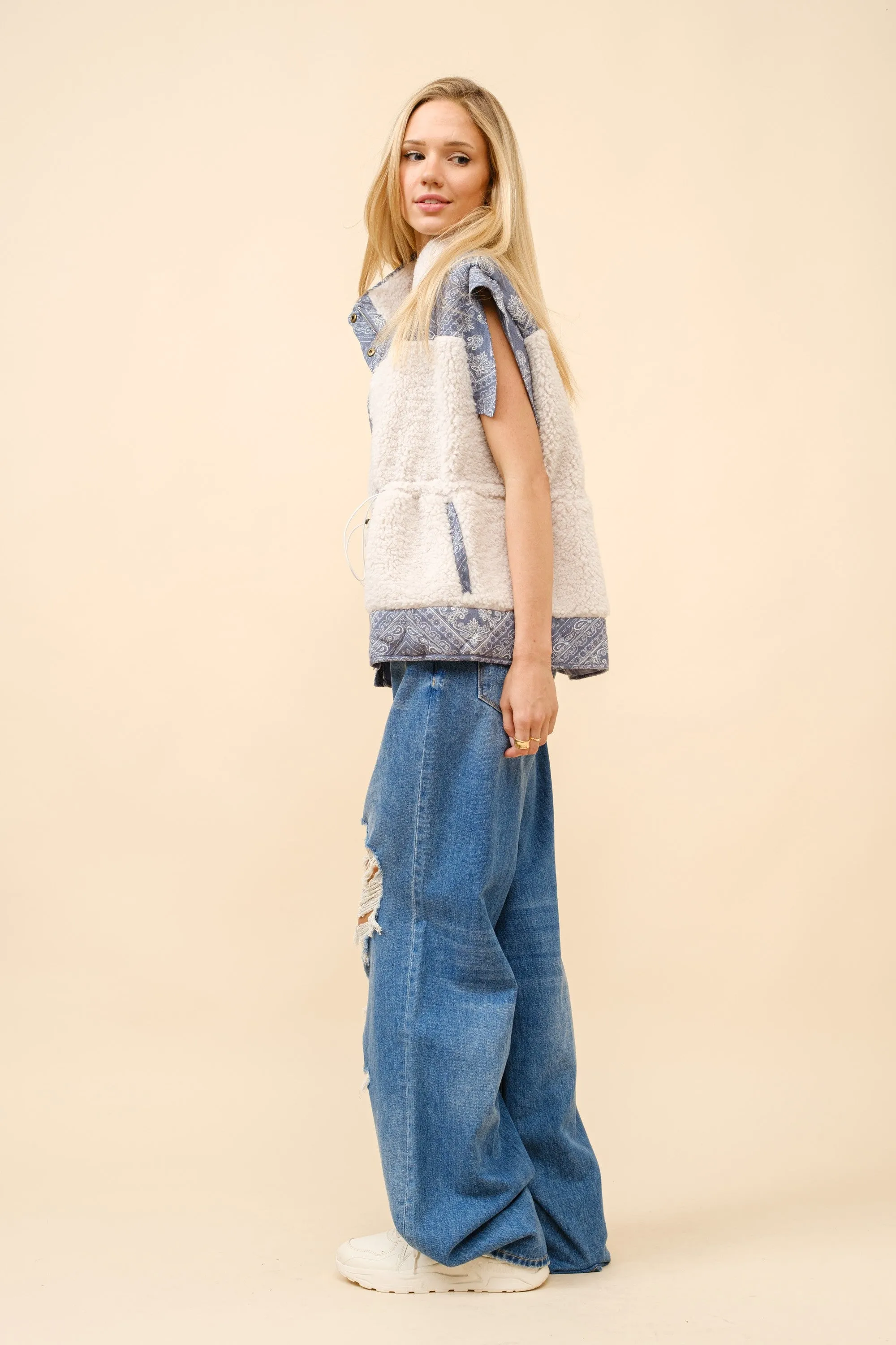 Blue B Quilted Paisley and Faux Shearling Vest in Off White