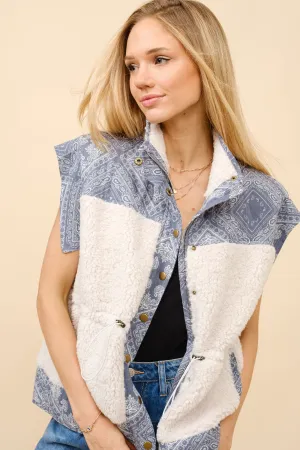 Blue B Quilted Paisley and Faux Shearling Vest in Off White