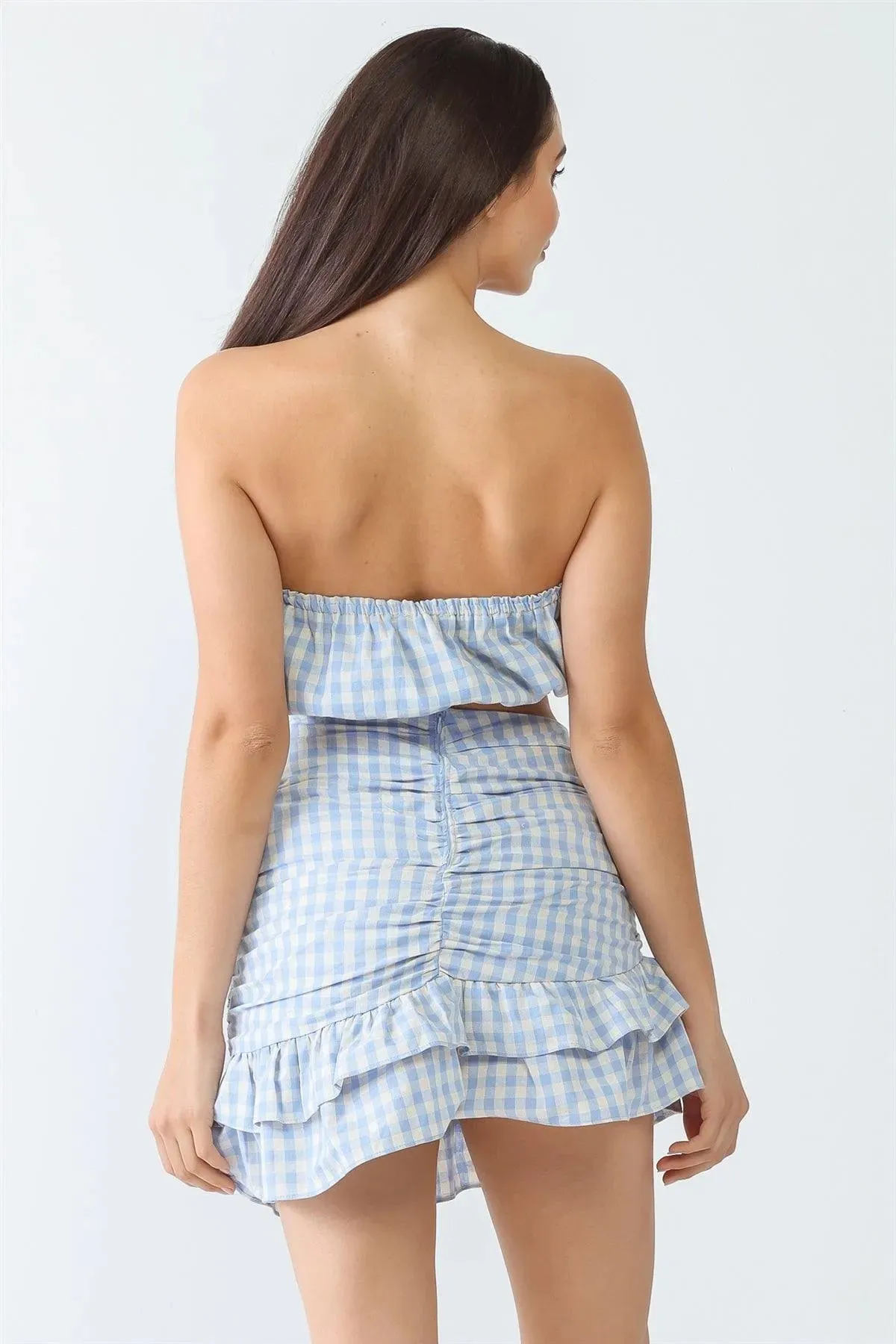 Blue Plaid Strapless Crop Top & Flare Hem Mini Skirt Set