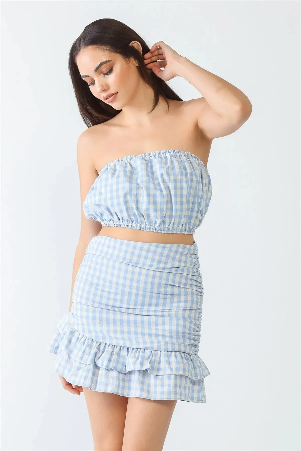 Blue Plaid Strapless Crop Top & Flare Hem Mini Skirt Set