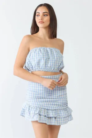 Blue Plaid Strapless Crop Top & Flare Hem Mini Skirt Set