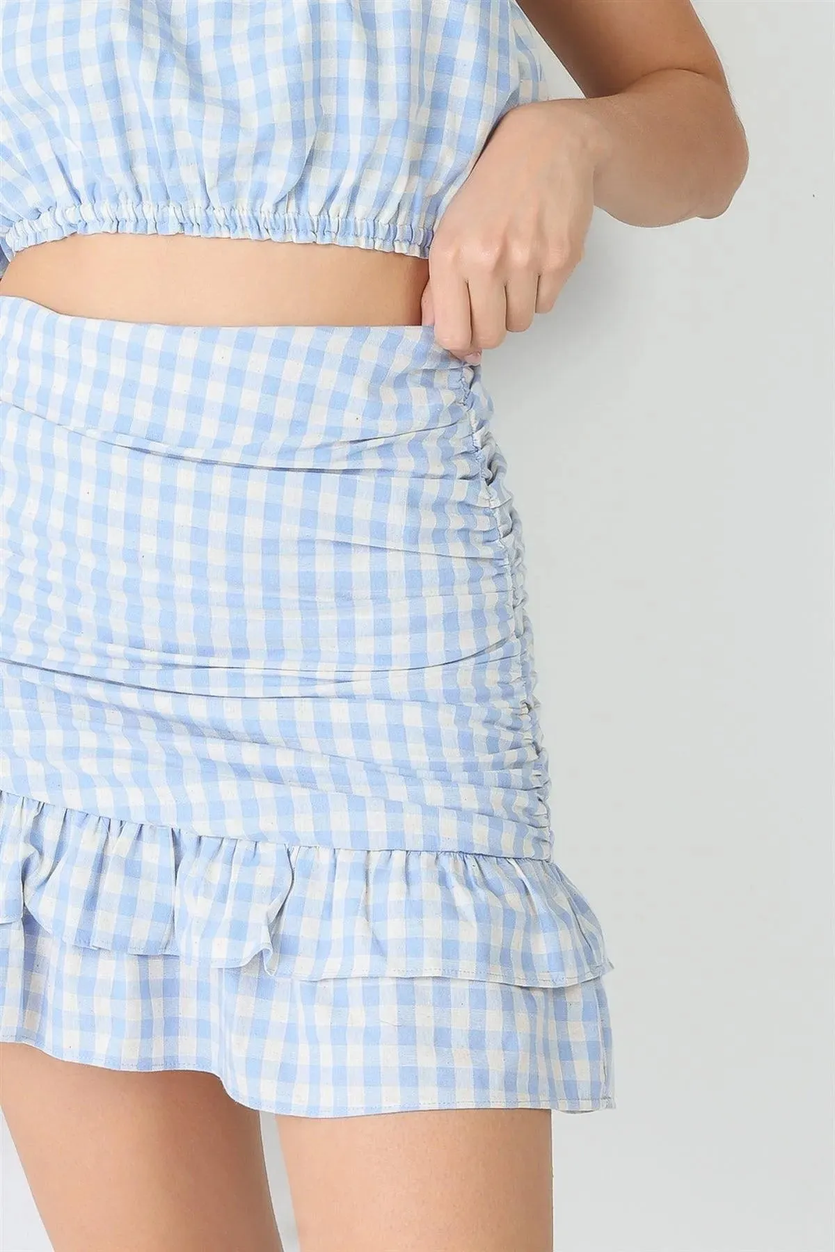 Blue Plaid Strapless Crop Top & Flare Hem Mini Skirt Set