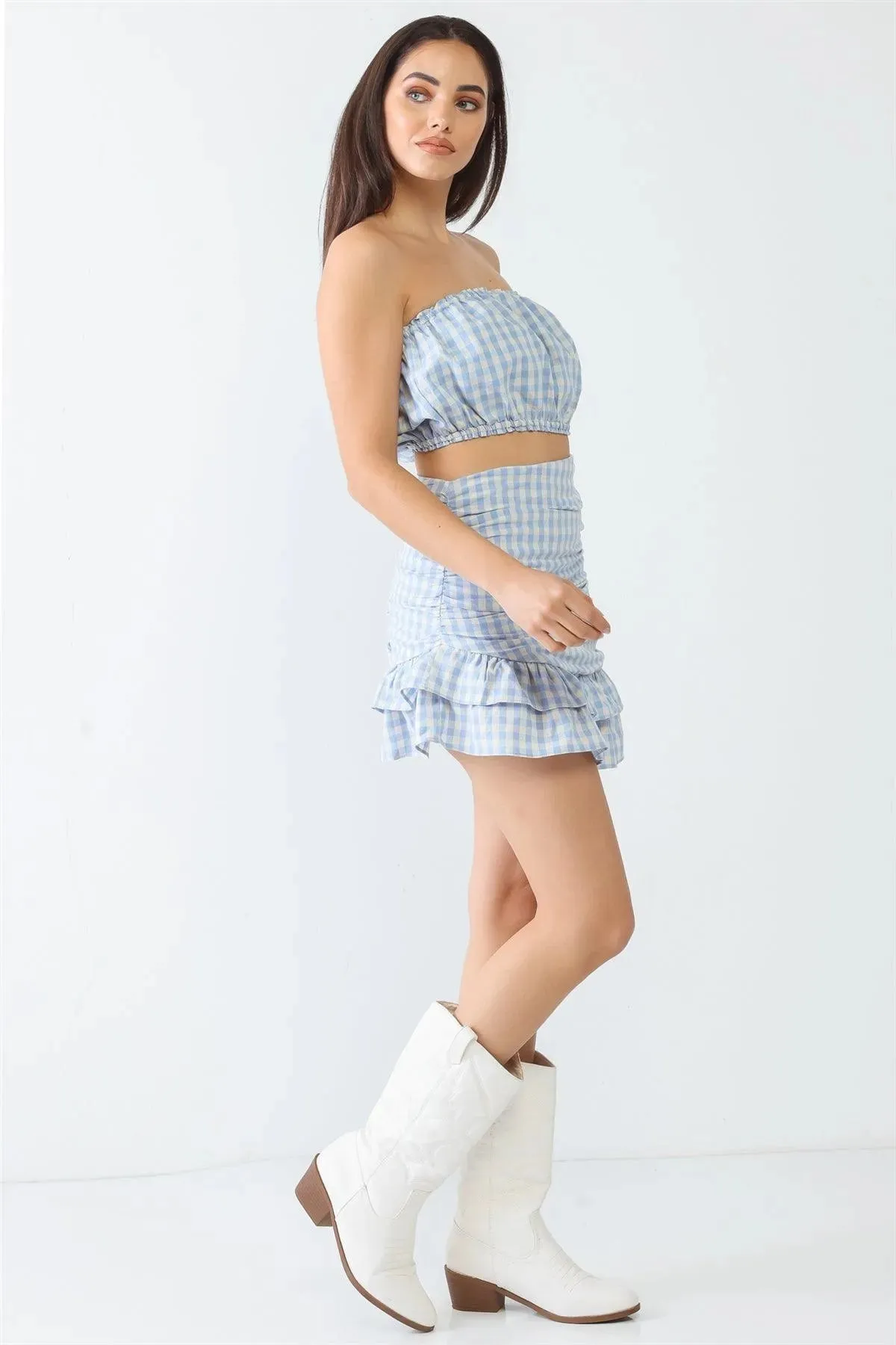 Blue Plaid Strapless Crop Top & Flare Hem Mini Skirt Set