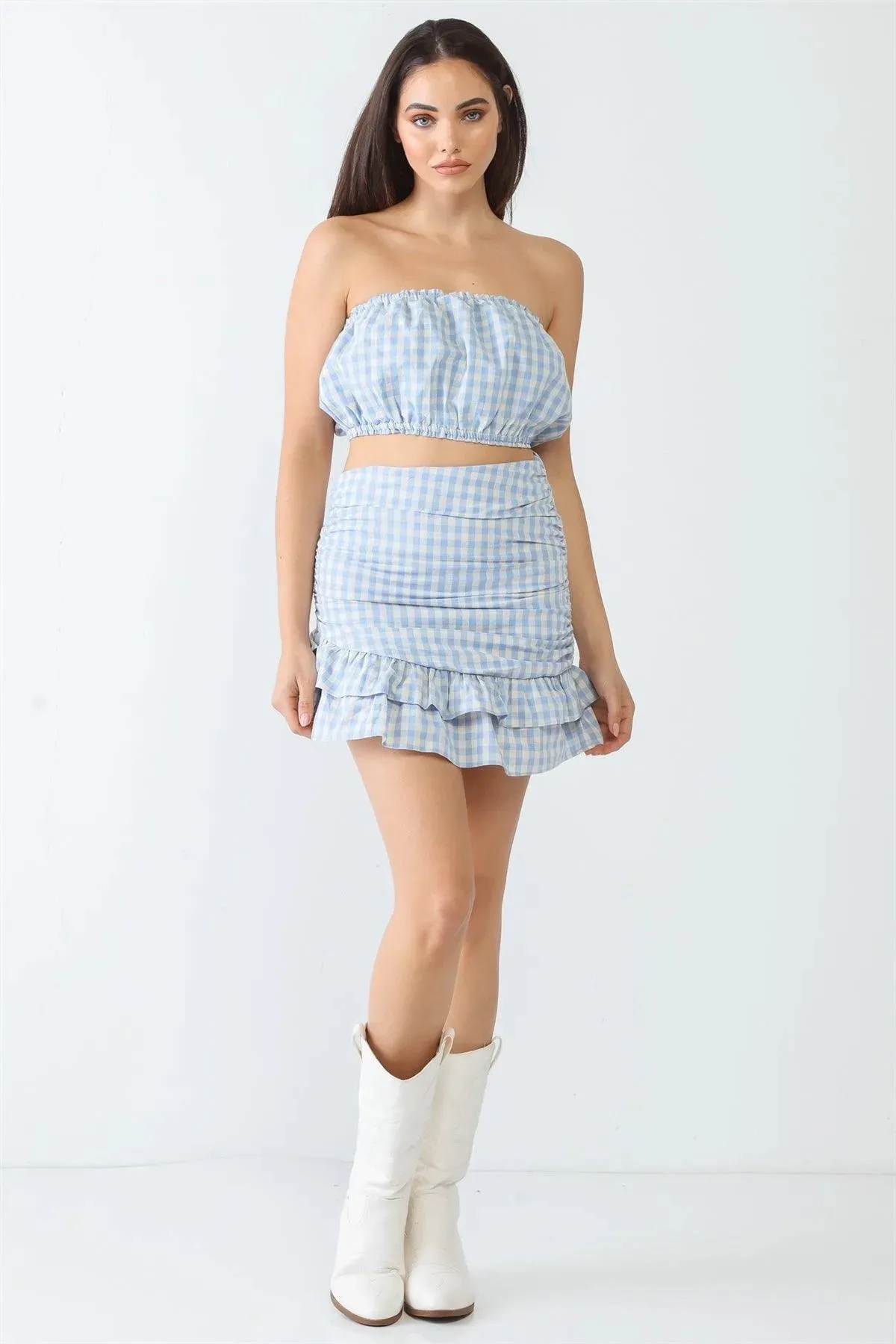 Blue Plaid Strapless Crop Top & Flare Hem Mini Skirt Set