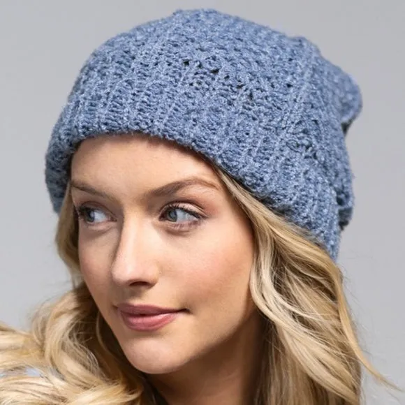 Blue Soft Knit Pompom Winter Beanie Hat Women's Casual Gift