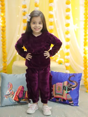 BownBee Velvet Frill Top Pant Full Sleeve Winter Set for Girls- Purple