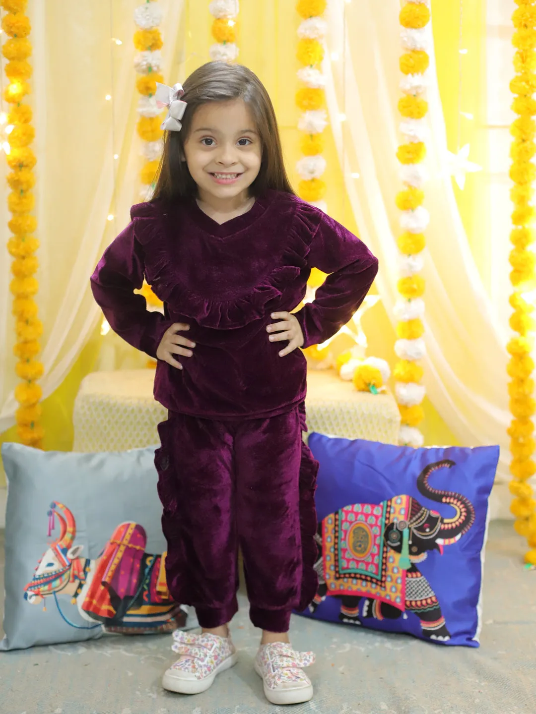 BownBee Velvet Frill Top Pant Full Sleeve Winter Set for Girls- Purple