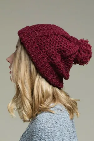 Burgundy Soft Knit Textured Pompom Beanie Womens Winter Hat