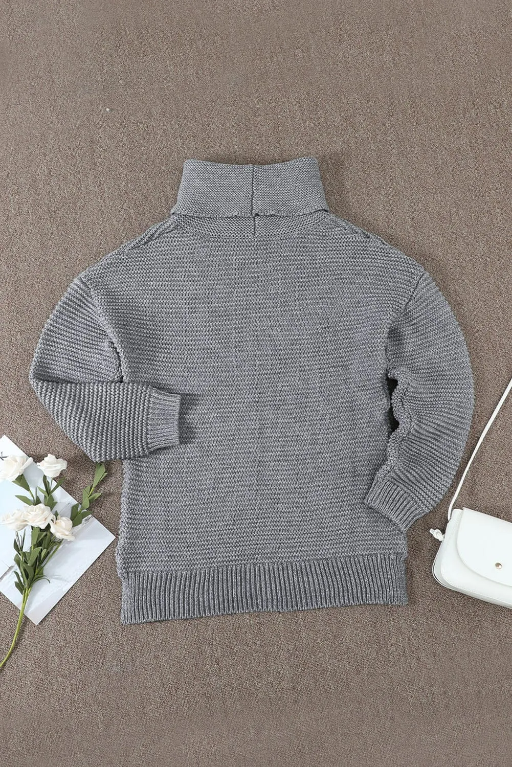 Casual Chunky Knit Mock Neck  Long Sleeve Split Pullover Sweater