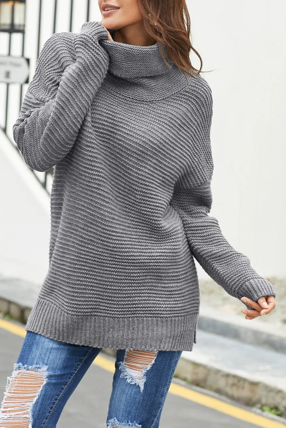 Casual Chunky Knit Mock Neck  Long Sleeve Split Pullover Sweater