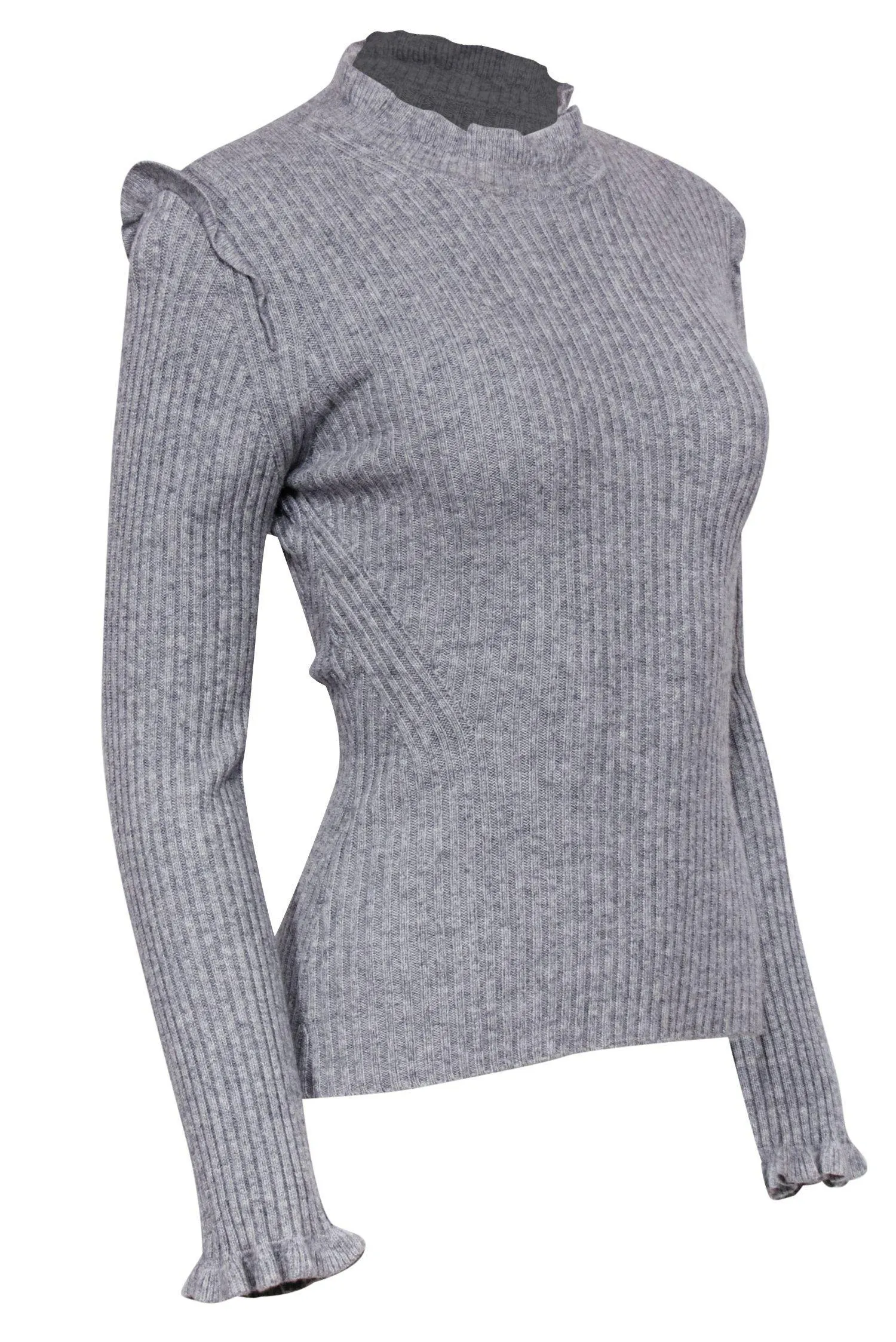 Derek Lam 10 Crosby - Grey Wool Blend Ribbed Turtleneck Sweater w/ Ruffle Trim Sz S