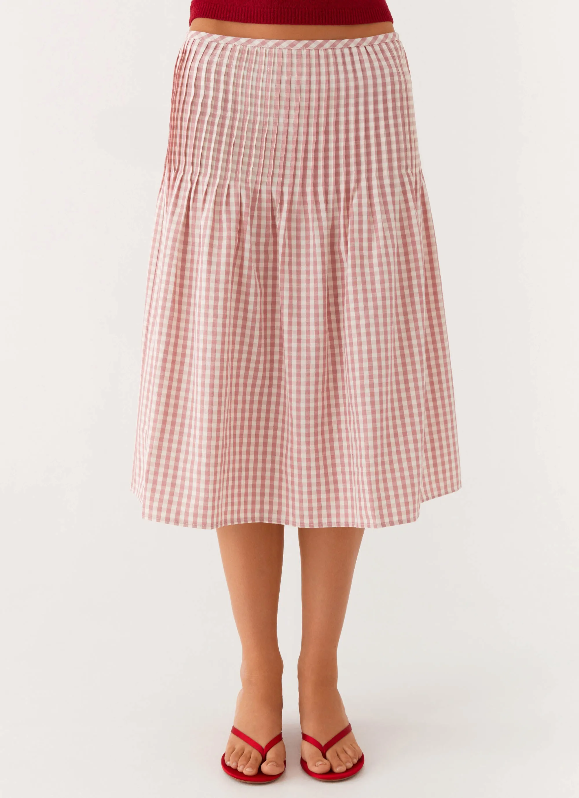 Dreamscape Midi Skirt - Maroon Gingham