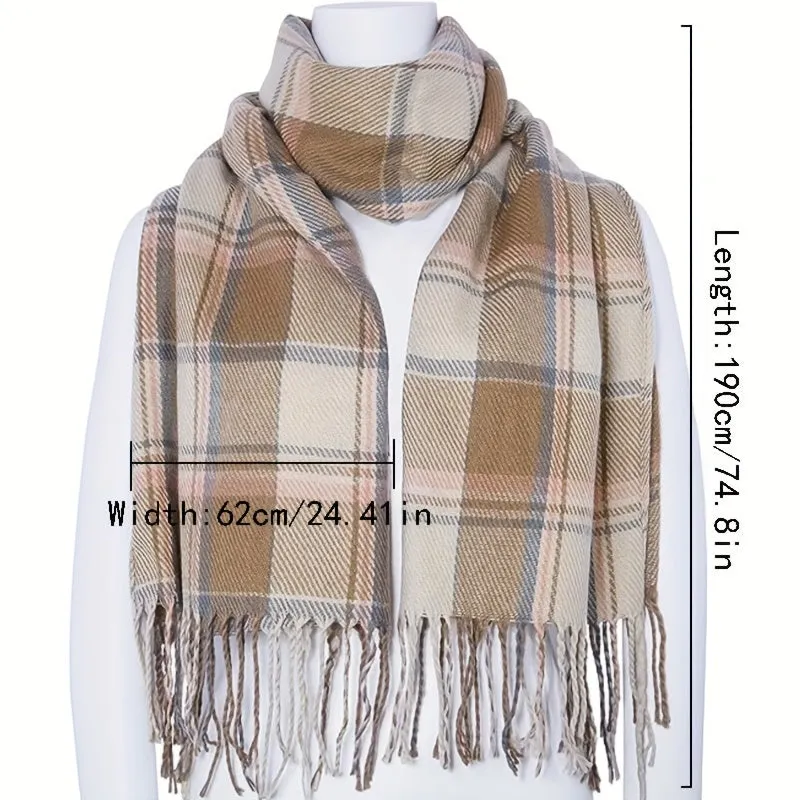 Elegant Plaid Tassel Shawl-Scarf: Chic Imitation Cashmere Warmth, Perfect for Any Winter Outing