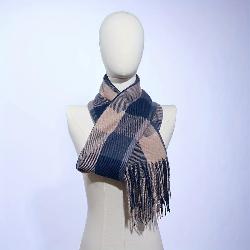 Elegant Plaid Tassel Shawl-Scarf: Chic Imitation Cashmere Warmth, Perfect for Any Winter Outing