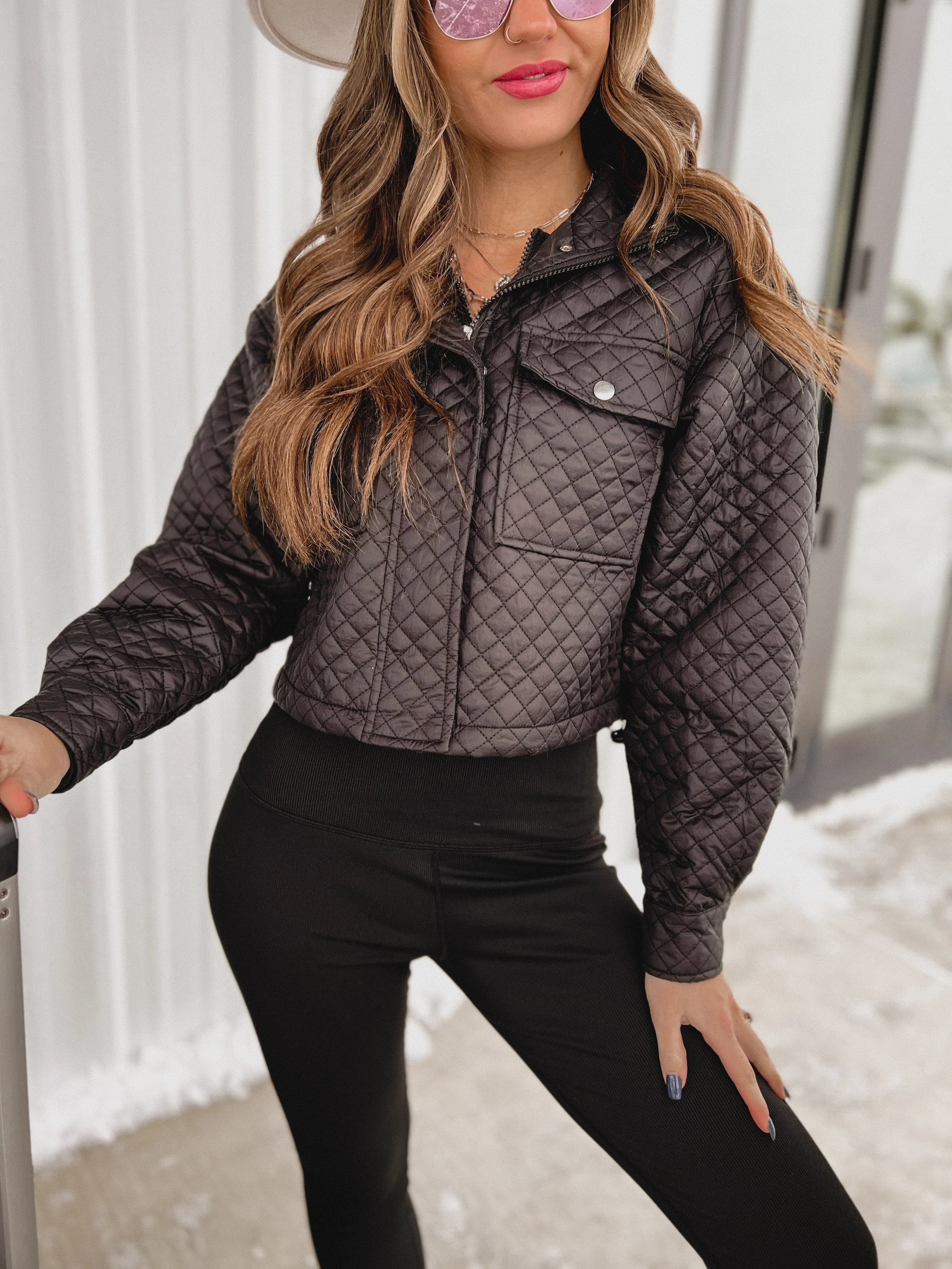 Evette Cropped Quilted Jacket (Black)