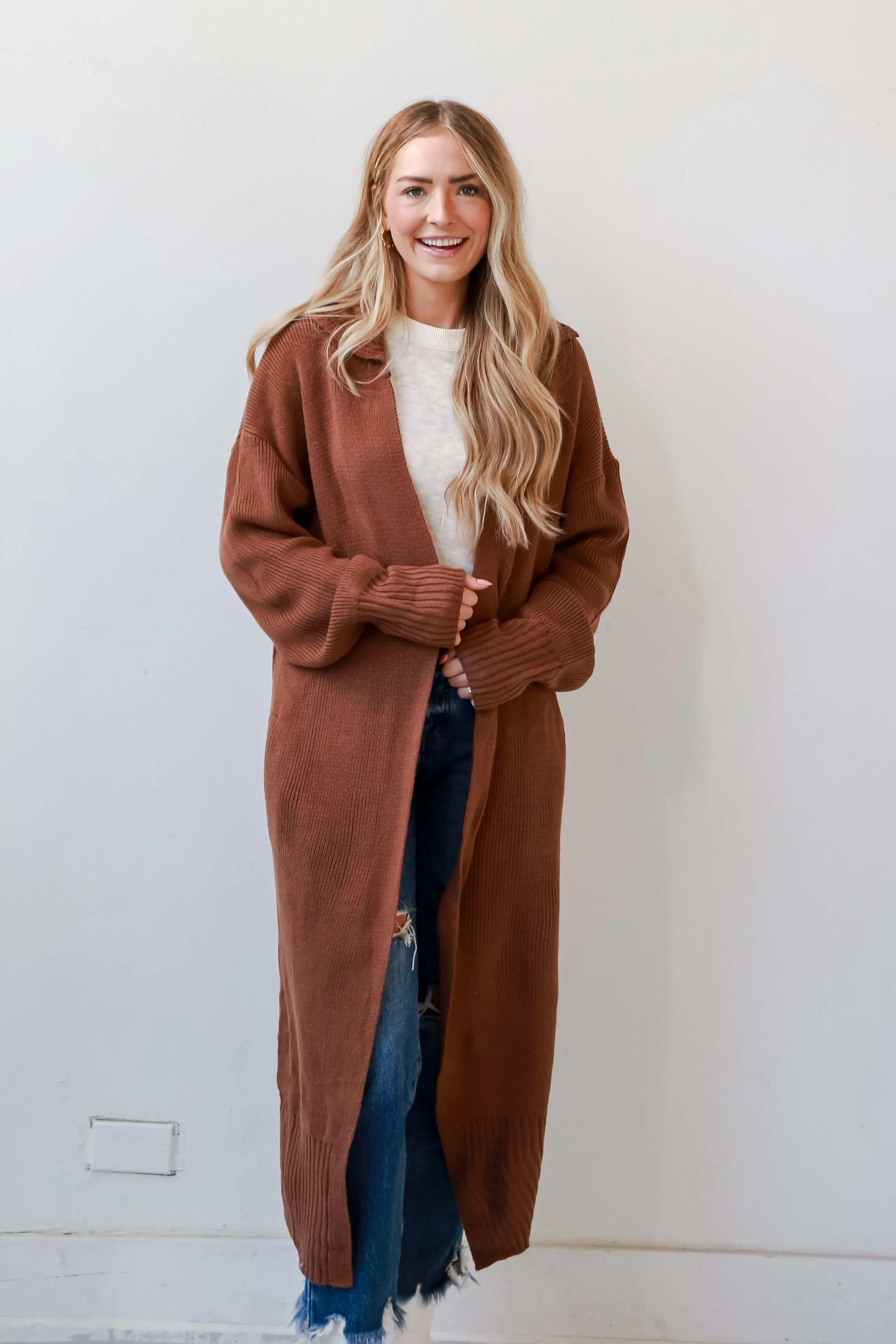 FINAL SALE - Chilly Day Charm Mocha Longline Sweater Cardigan