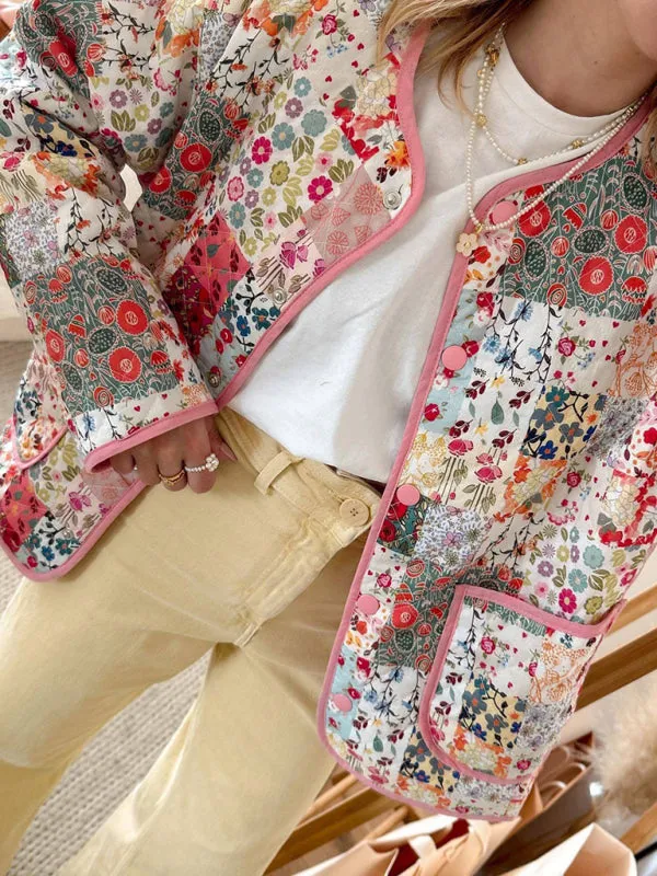 Floral Print Lightweight Button-Up Quilted Jacket