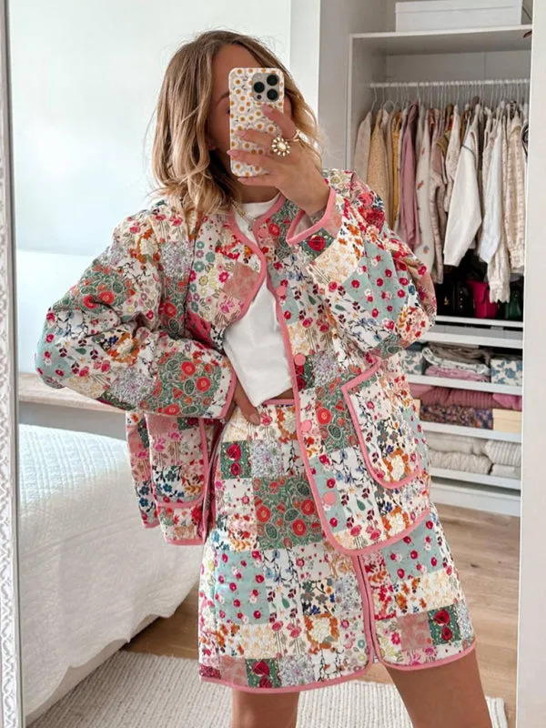 Floral Print Lightweight Button-Up Quilted Jacket