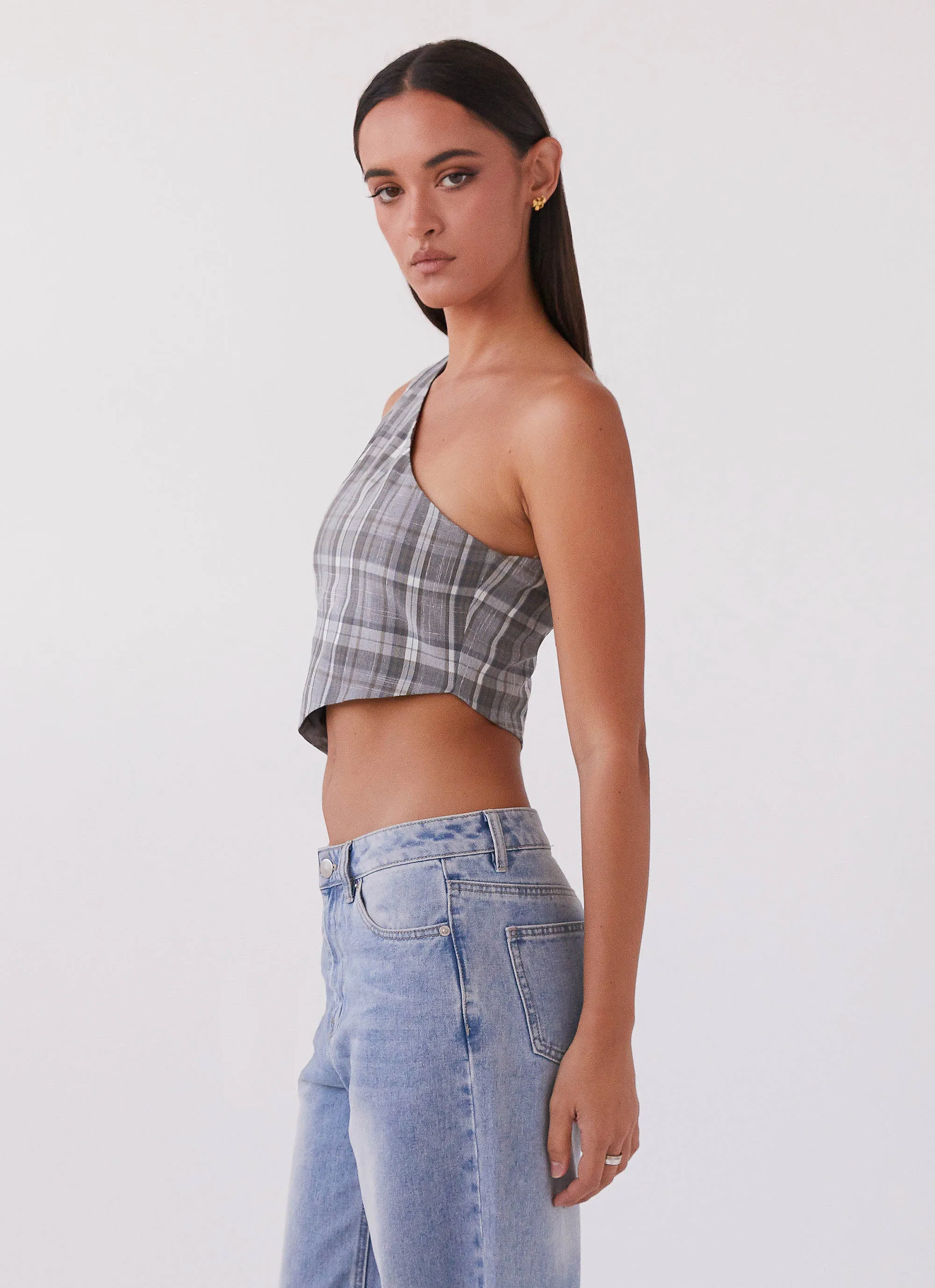 Got Me Started One Shoulder Top - Grey Plaid