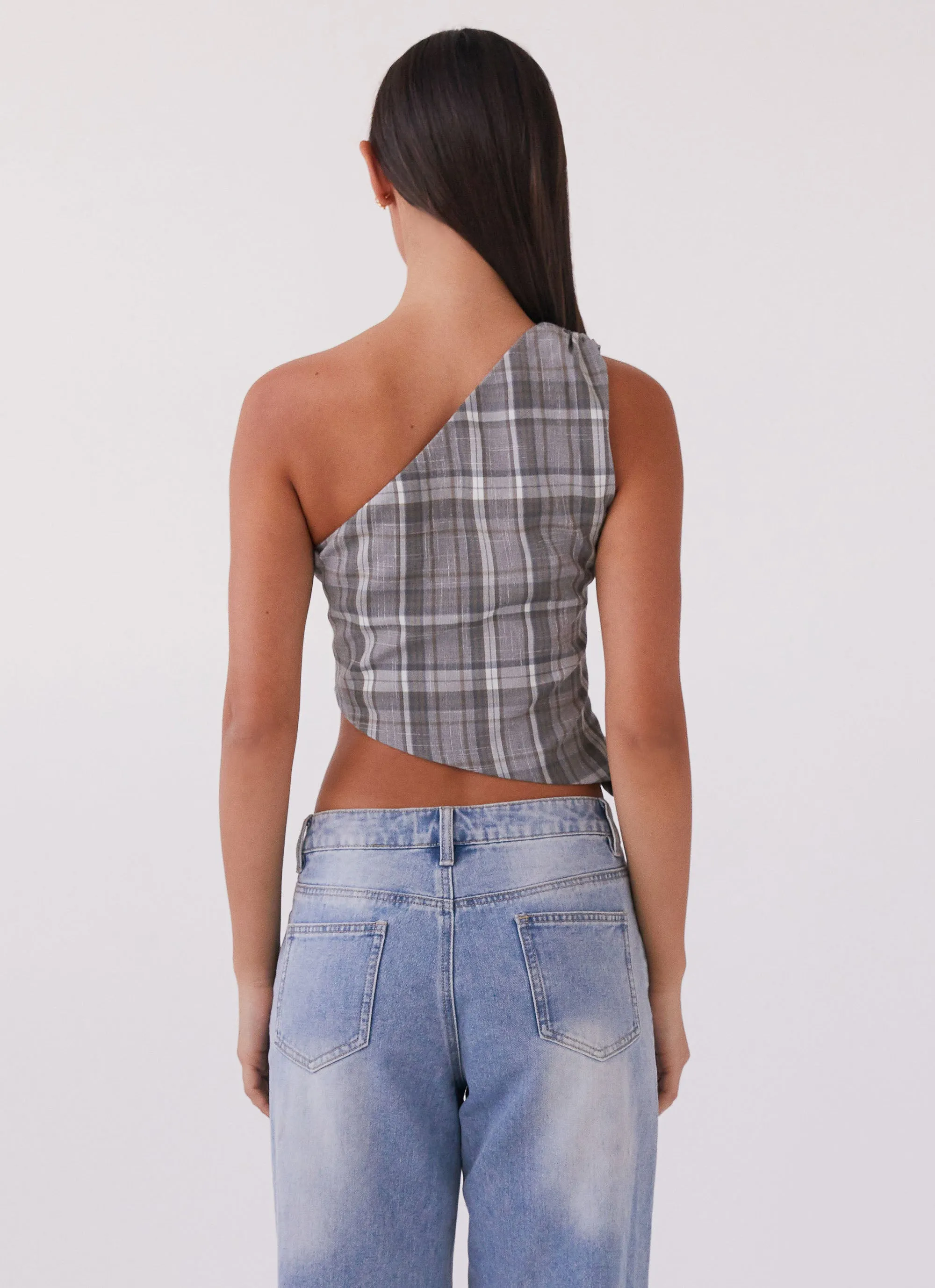 Got Me Started One Shoulder Top - Grey Plaid