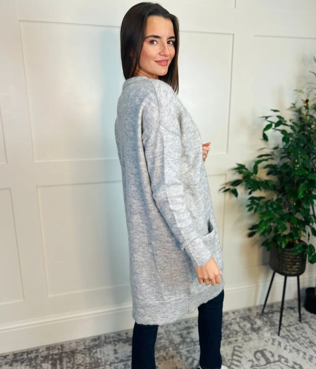 Grey Mohair Blend Long Cardigan