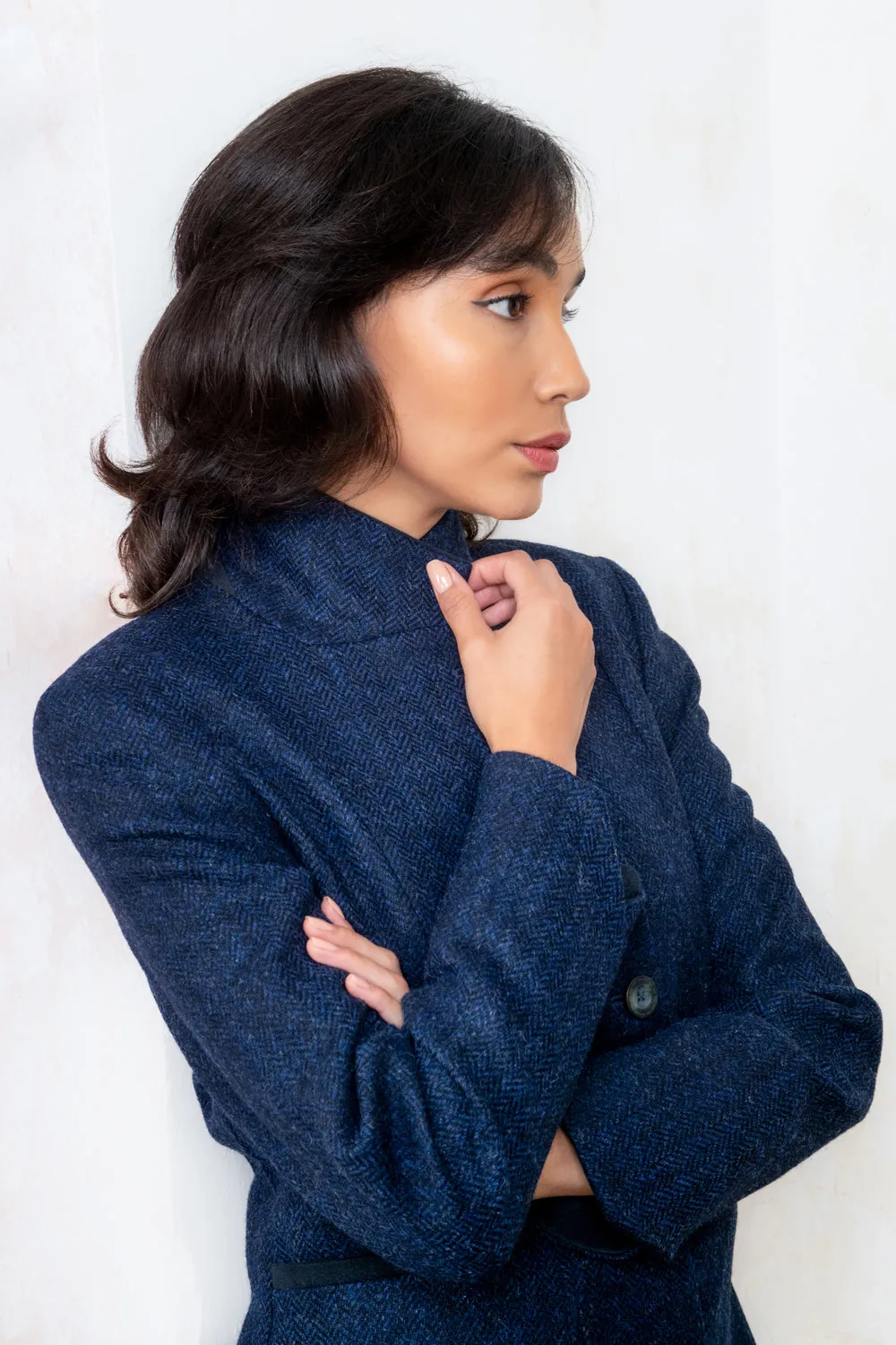 Isabella Tweed Coat - Navy Herringbone