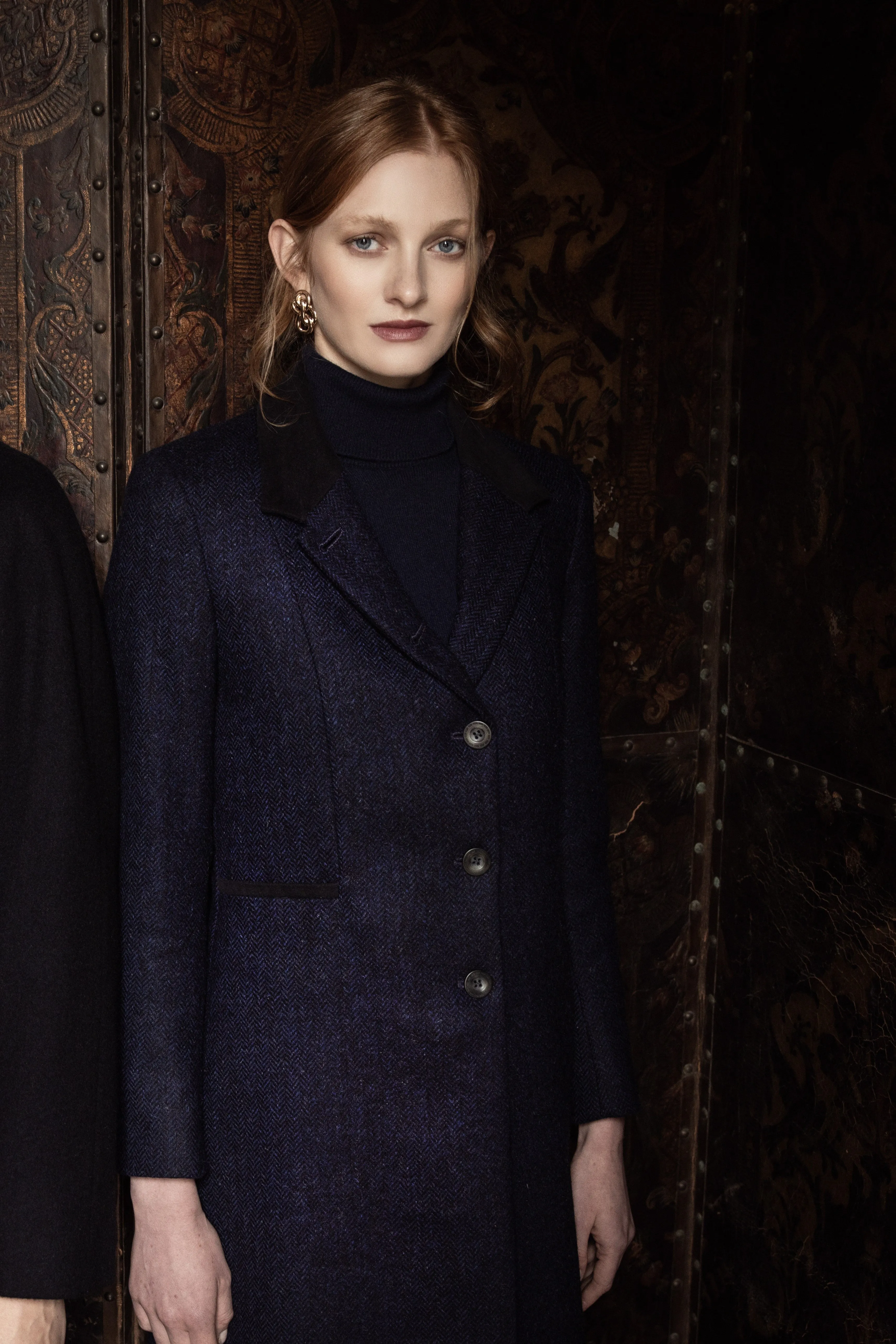 Isabella Tweed Coat - Navy Herringbone