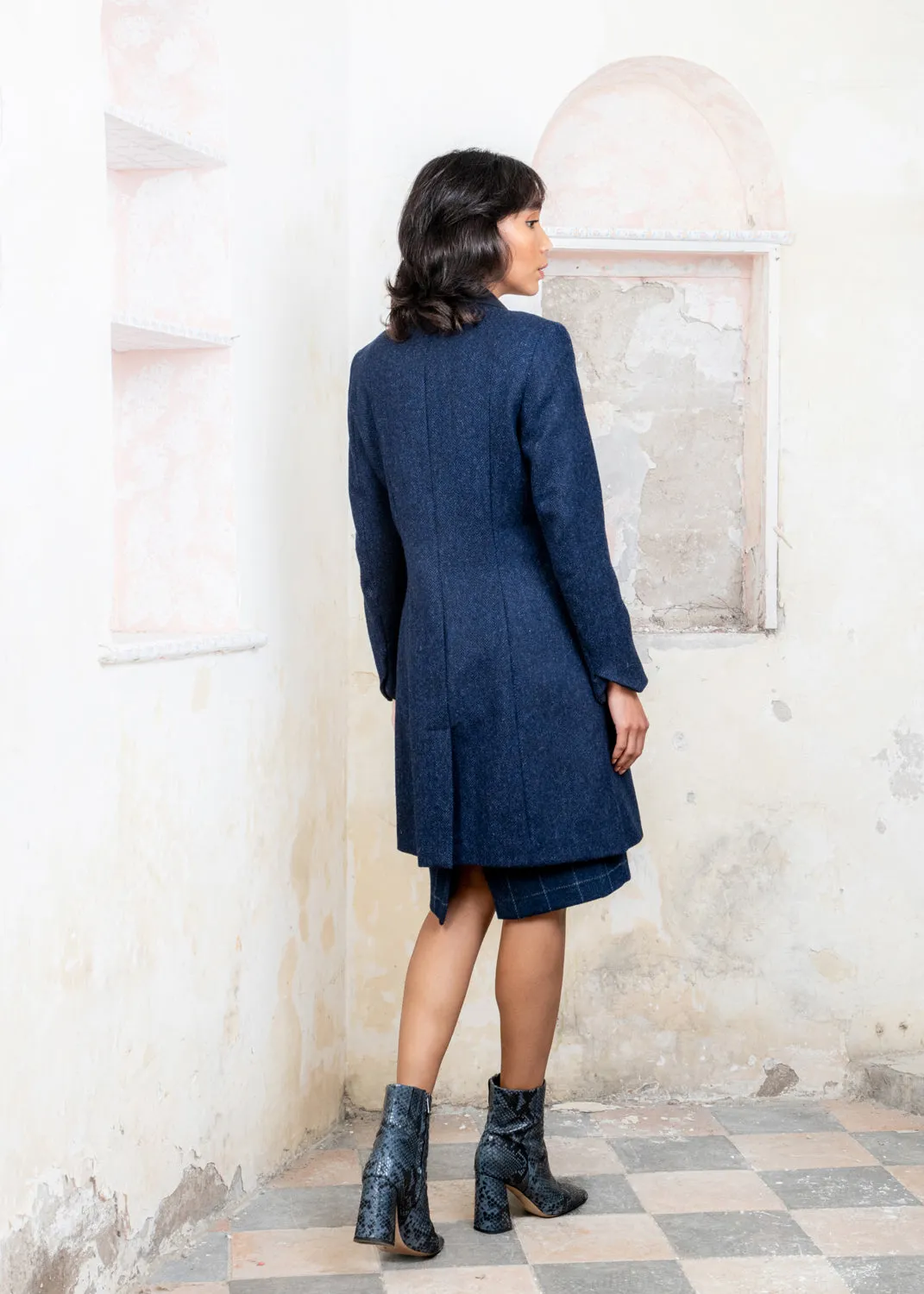 Isabella Tweed Coat - Navy Herringbone