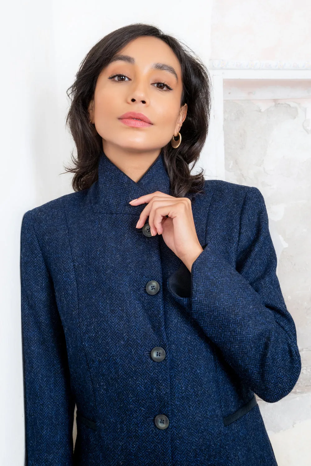 Isabella Tweed Coat - Navy Herringbone