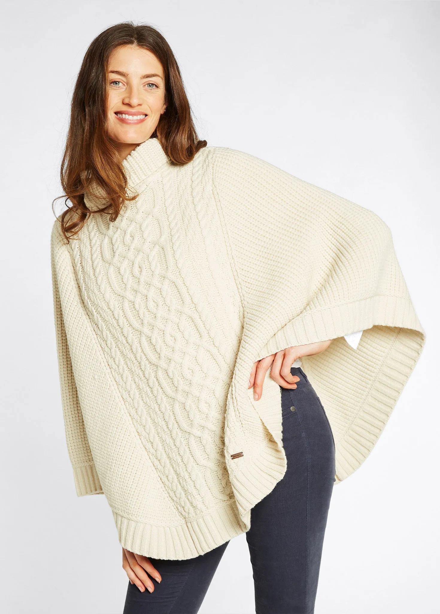 Kilronan Women’s Irish Knit Merino Poncho - Cream