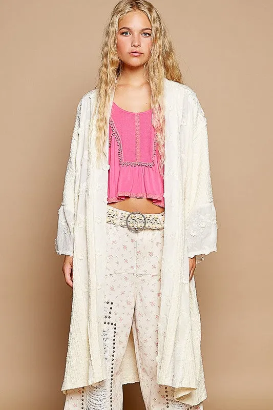 Lace Chic Flower Lace Trim Open Front Longline Cardigan