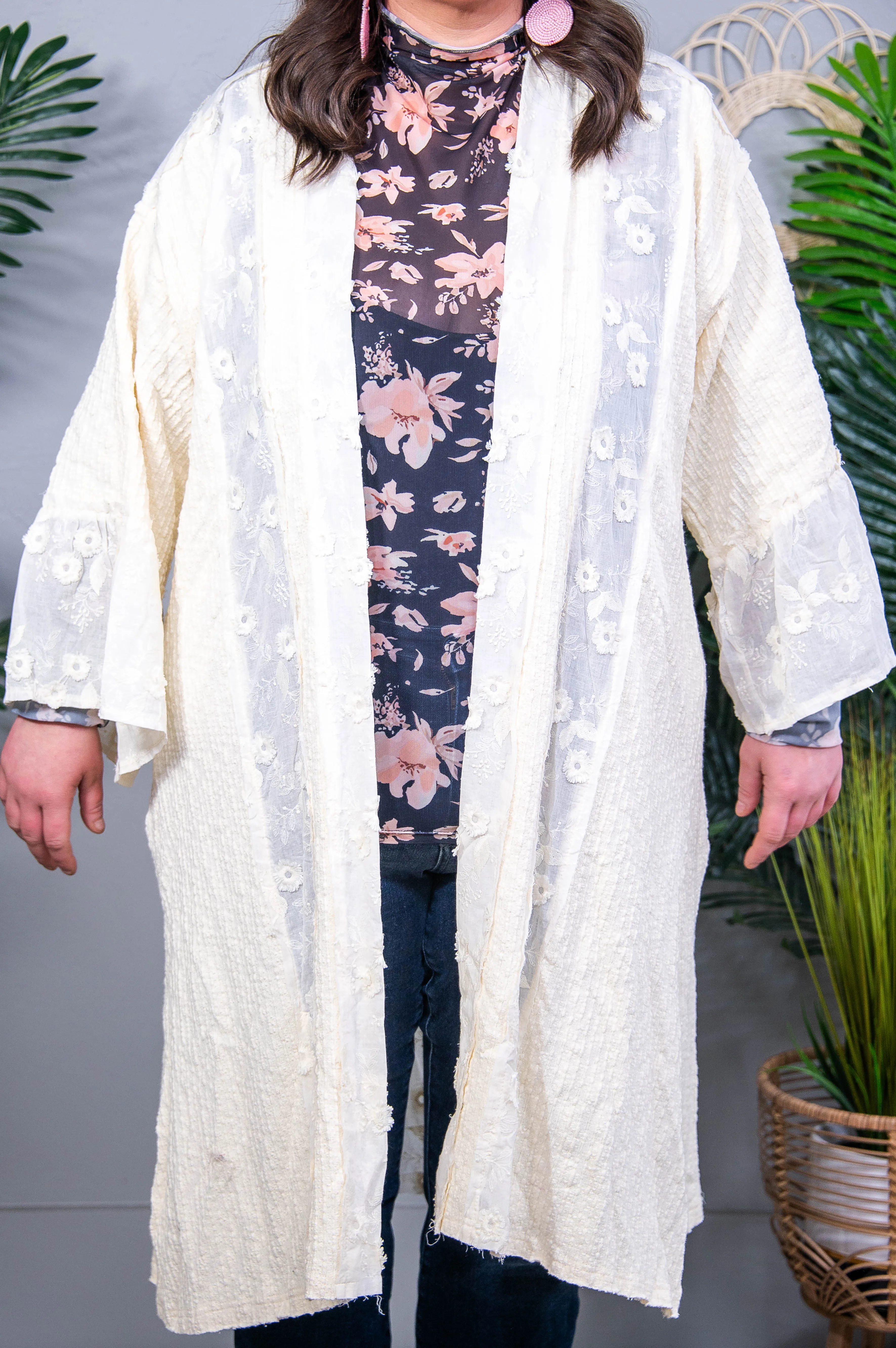 Lace Chic Flower Lace Trim Open Front Longline Cardigan