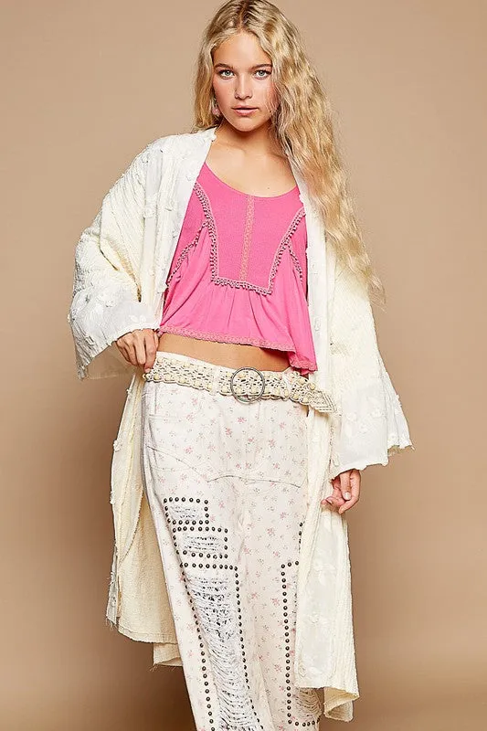 Lace Chic Flower Lace Trim Open Front Longline Cardigan